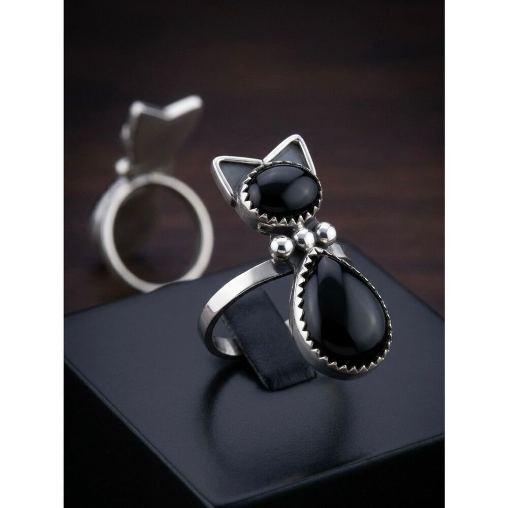 Southwest Onyx Black Cat Boho Ring Artisan Handmade Sterling Silver Adjustable